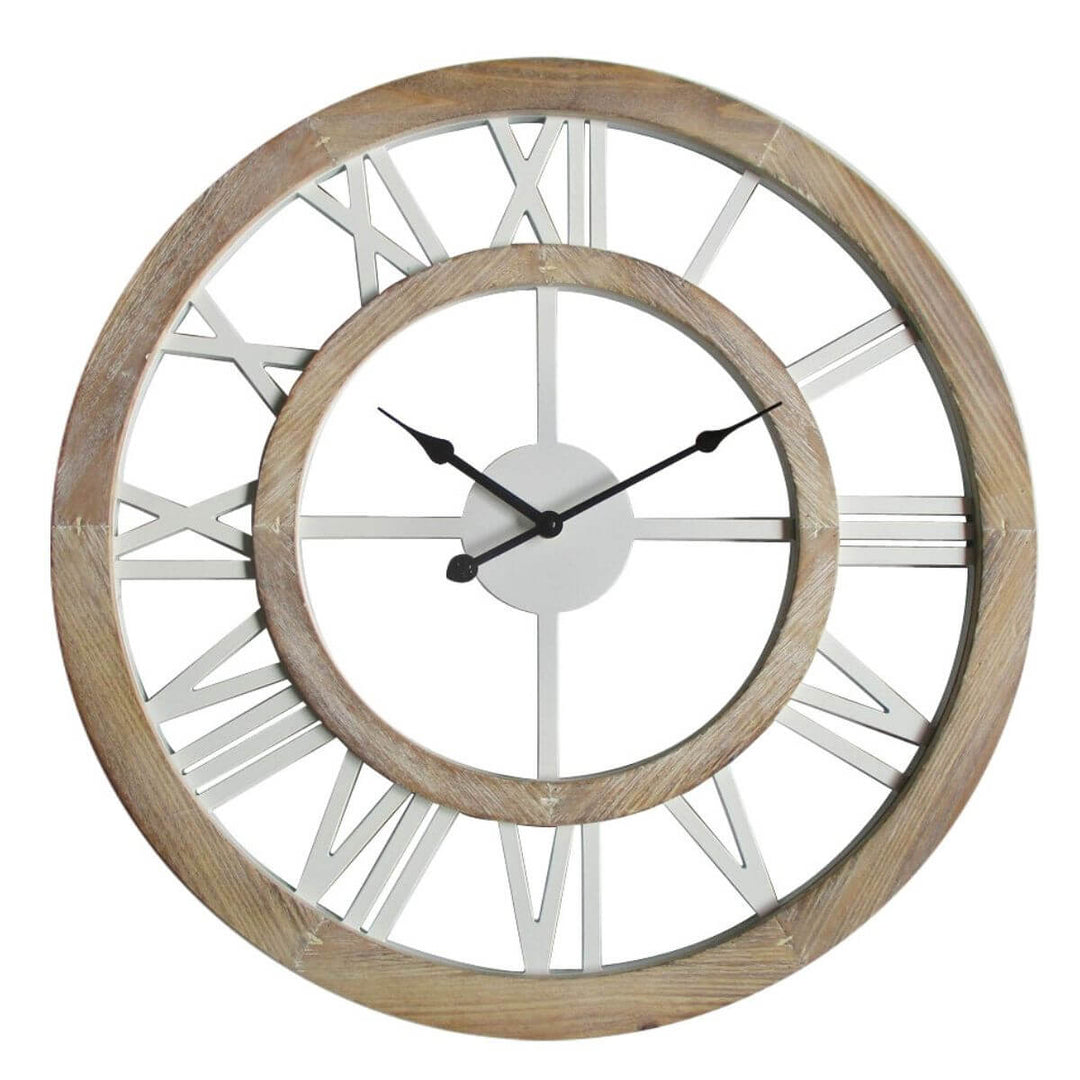 The large 60cm and 80cm Hamptons Double Frame Floating Wall Clock features white numerals with a natural timber frame