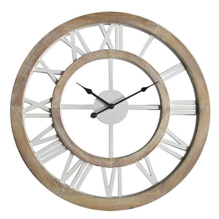 The large 60cm and 80cm Hamptons Double Frame Floating Wall Clock features white numerals with a natural timber frame