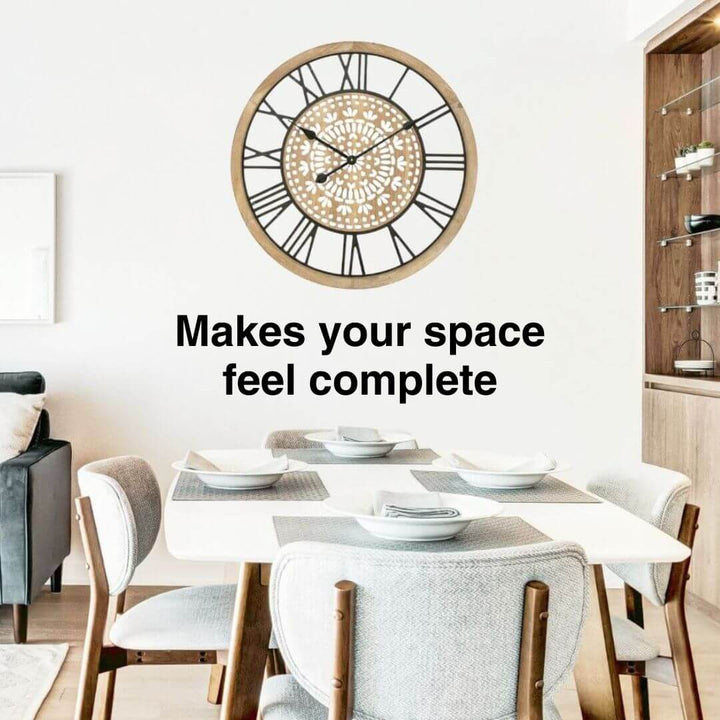 60cm Carved Industro Hamptons Wall Clock Large - Wood, Black, White