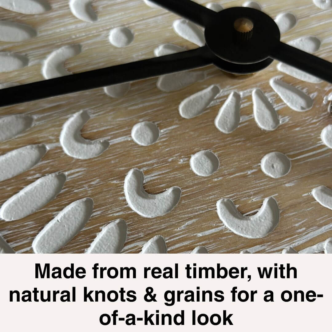 60cm Carved Industro Hamptons Wall Clock with a white hand carved face and black hands.