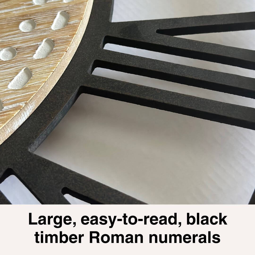 Black timber roman numerals on a large 60cm Carved Industrial  Hamptons Wall Clock