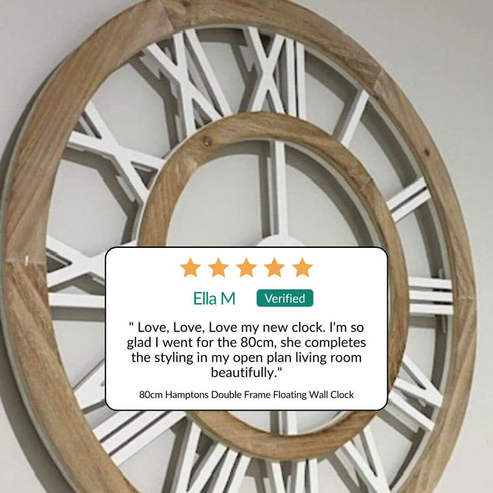 Timber 80cm large coastal hamptons wall clock with a five-star review from Ella M on a white background
