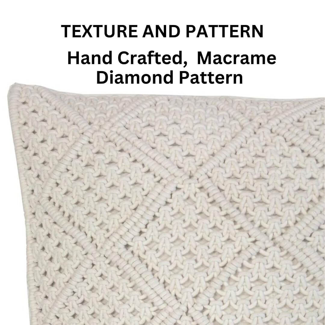 The Ivory 45cm Anka Square Cushion with a hand crafted diamond macrame pattern.
