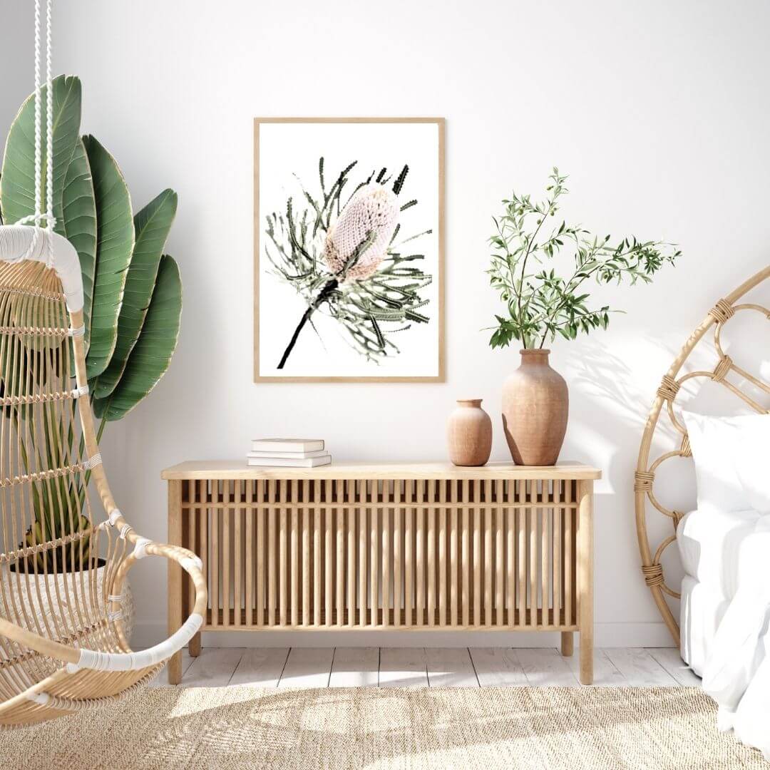 A wall art print of an Australian Native Banksia Floral A with a timber frame or unframed on a bedroom wall