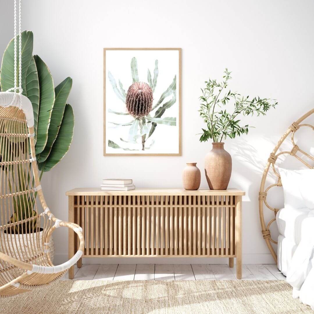 The wall art print of an Australian Native Banksia Floral B with a timber frame or unframed on a bedroom wall