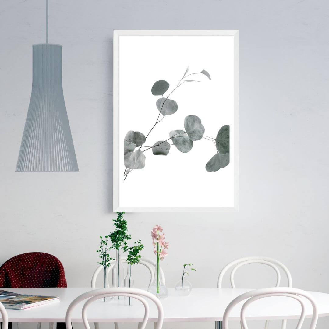A large wall art photo print of an Australian native eucalyptus leaves B with a white frame or unframed to style your dining room walls