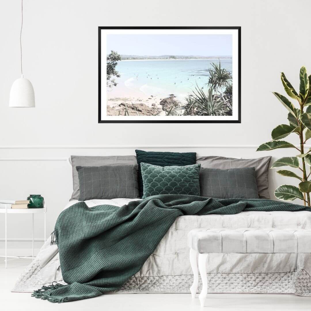A wall art photo print of a Australian Watego Surf Beach B with a black frame or unframed for your bedroom wall