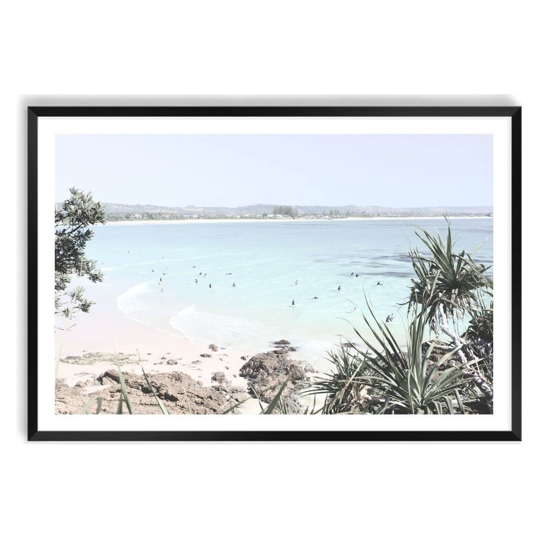 A wall art photo print of a Australian Watego Surf Beach B with a black frame, white border by Beautiful Home Decor