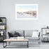 A wall art photo print of a beachside boardwalk with a white frame or unframed for your office study walls