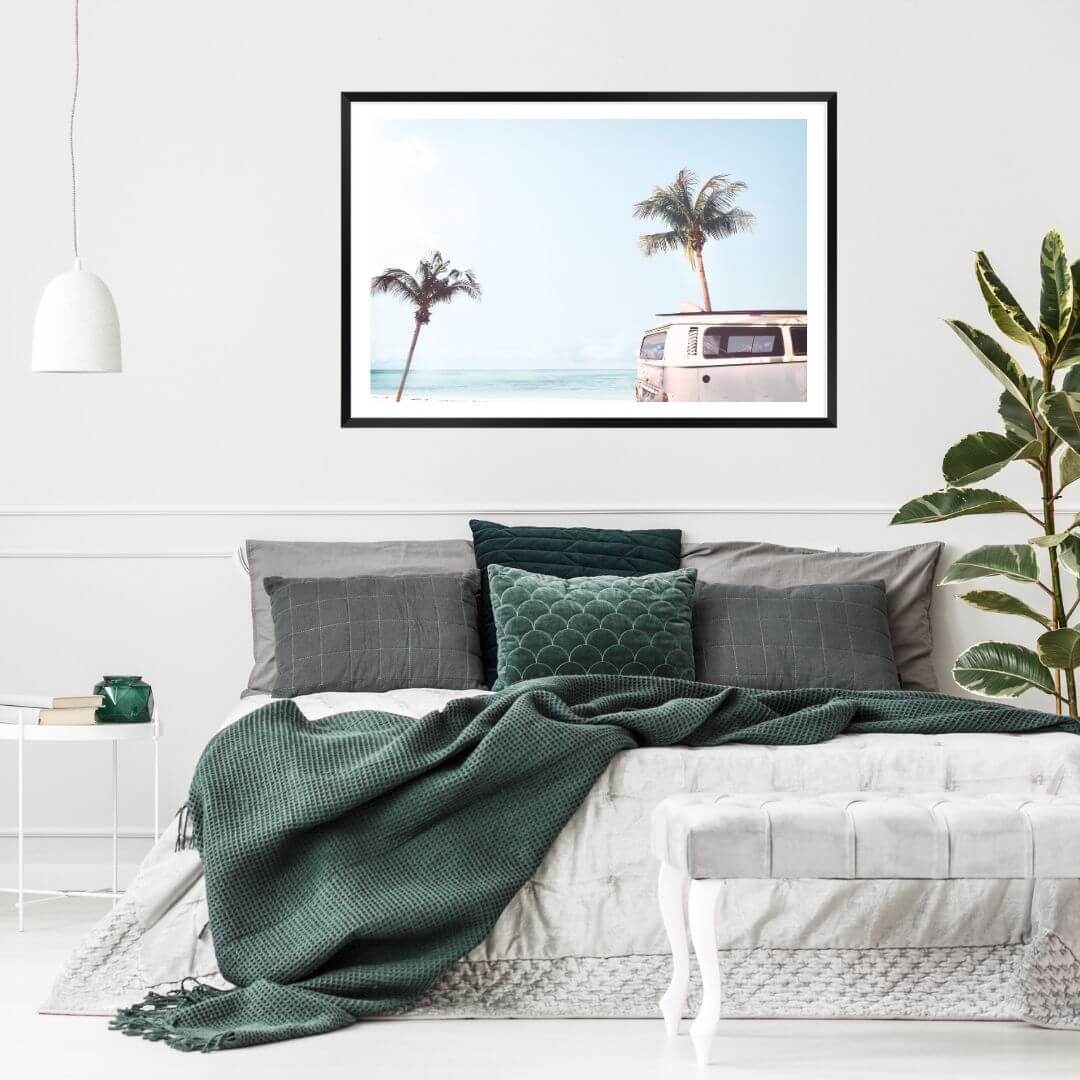 A coastal wall art photo print of a beige beachside kombi van with a black frame or unframed for your bedroom wall