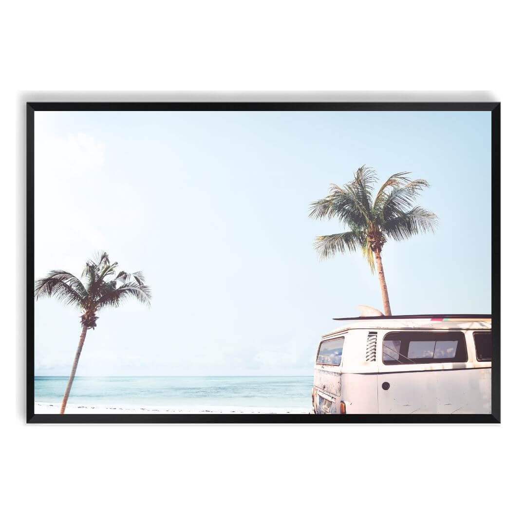 A wall art photo print of a blue beachside kombi van with a black frame, no white border at Beautiful HomeDecor