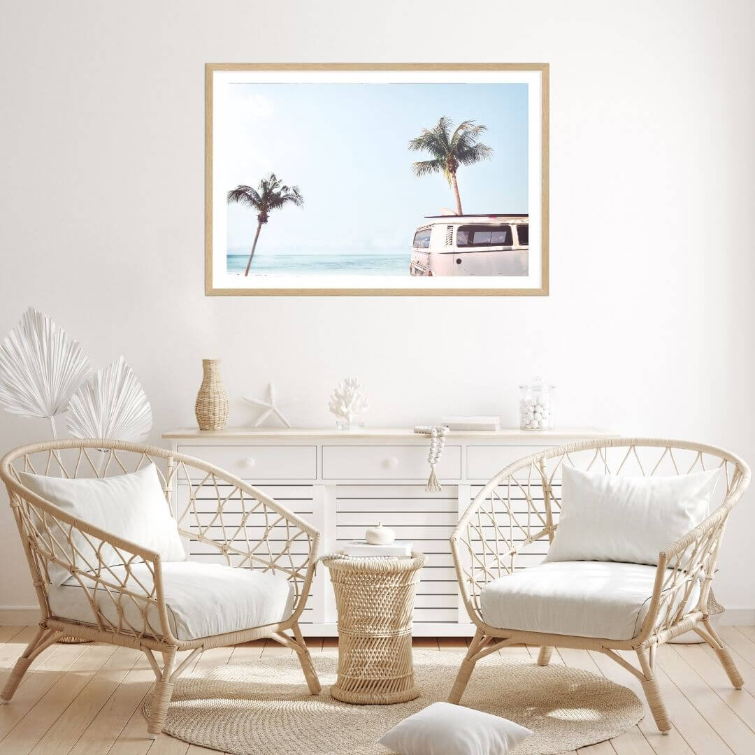 A coastal wall art photo print of a beige beachside kombi van with a timber frame for the living room by Beautiful Home Decor