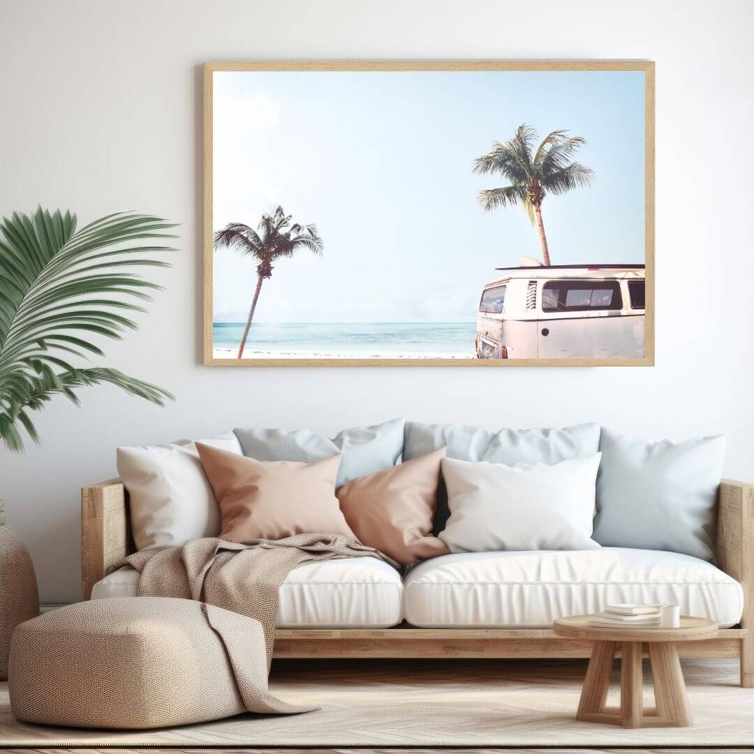 A coastal wall art photo print of a beige beachside kombi van with a timber frame to style a wall in living room