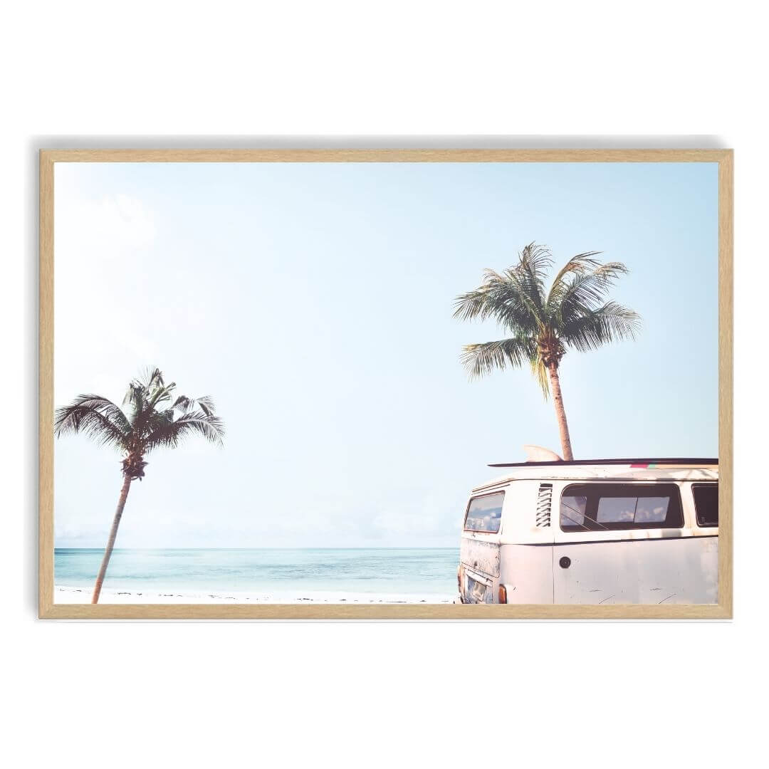 A wall art photo print of a blue beachside kombi van with a timber frame, no white border at Beautiful HomeDecor
