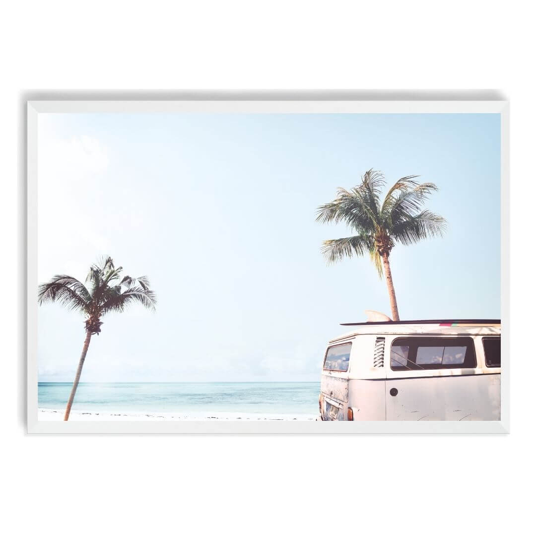 A wall art photo print of a blue beachside kombi van with a white frame, no white border at Beautiful HomeDecor