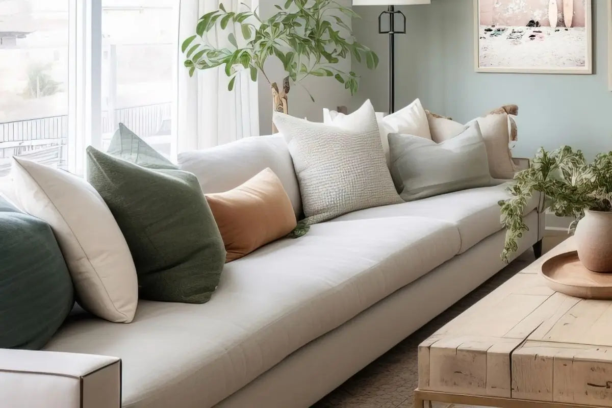 Beautiful home decor in Australia styled in a relaxed coastal living room with wall art and cushions 