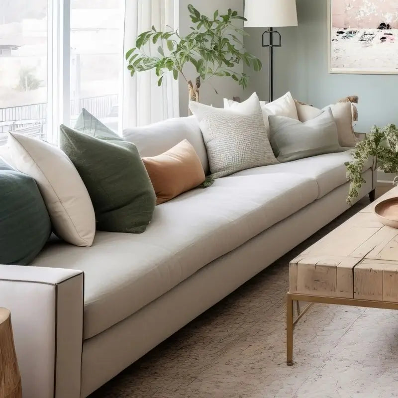 Beautiful home decor in Australia styled in a relaxed coastal living room with cushions and wall art