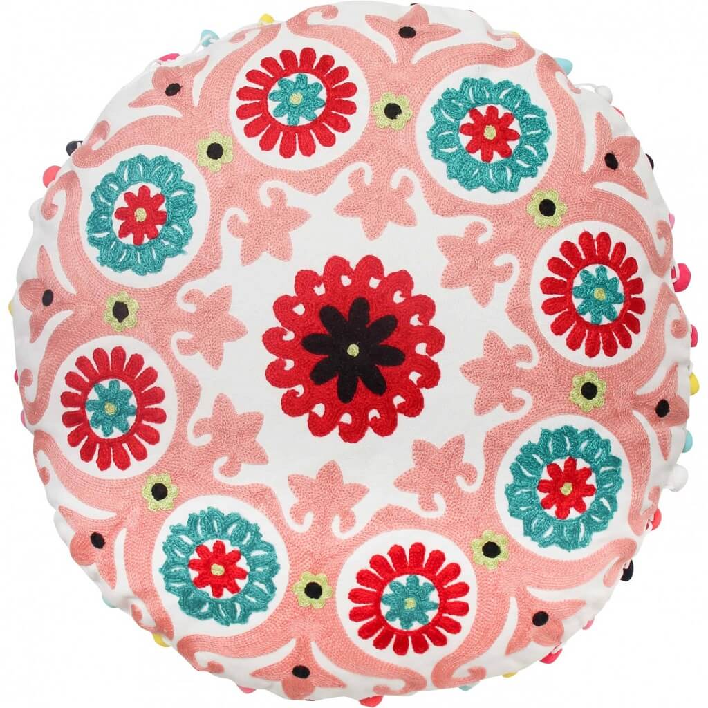 Fill your space with this attractive, textured round cushion. Fine embroidery in cheerful colours add a touch of cheer to your couch, lounge, sofa or bedroom.