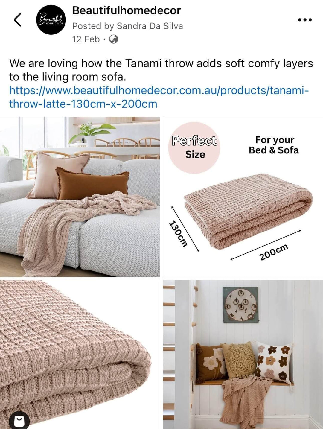 Tanami throw blanket with dimensions and usage examples on a social media post by Beautifulhomedecor.