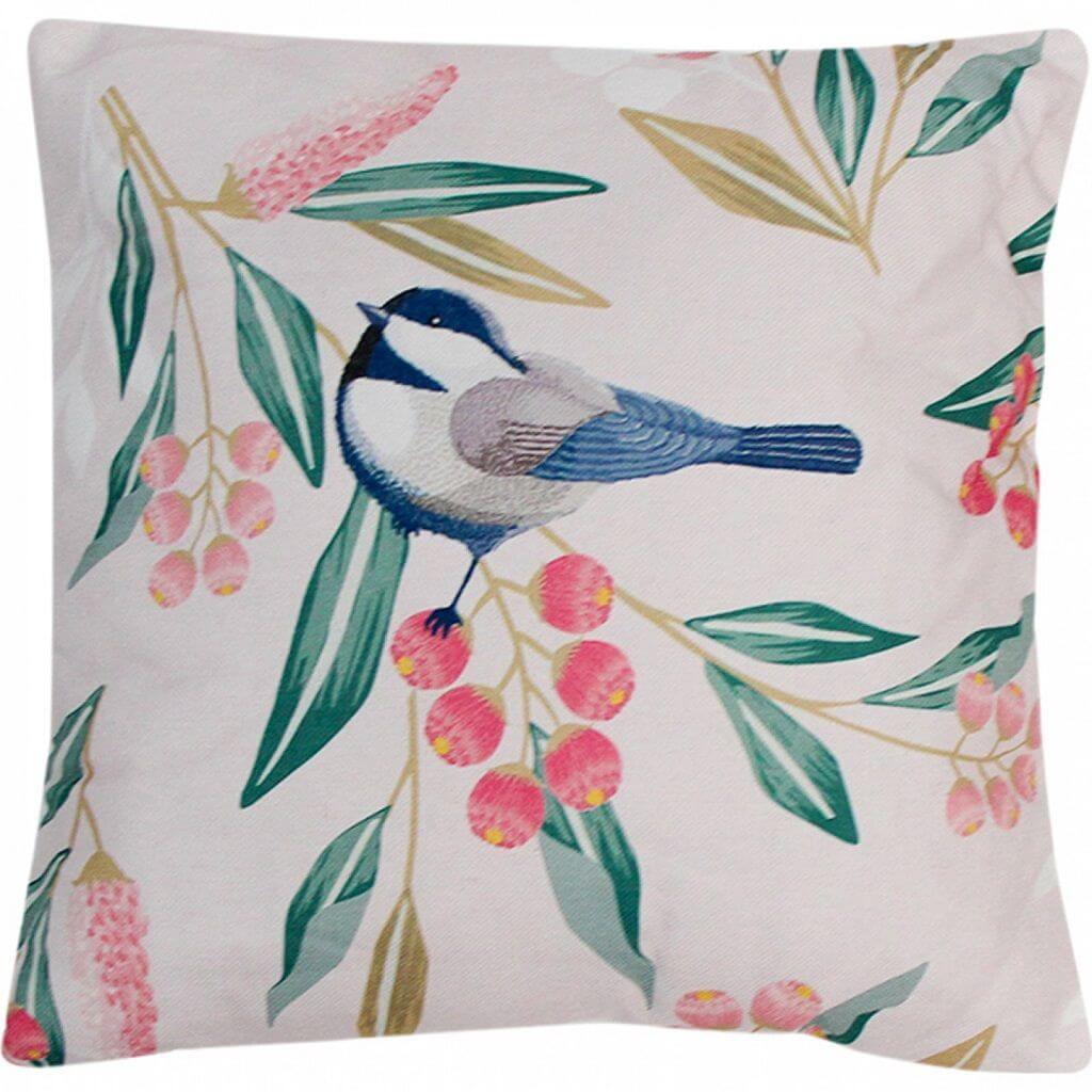 Bring nature into your home with a Pretty Bird Cushion. A beautiful bird in shades of blue and white perched on a tree with pink blossoms and pastel green leaves.