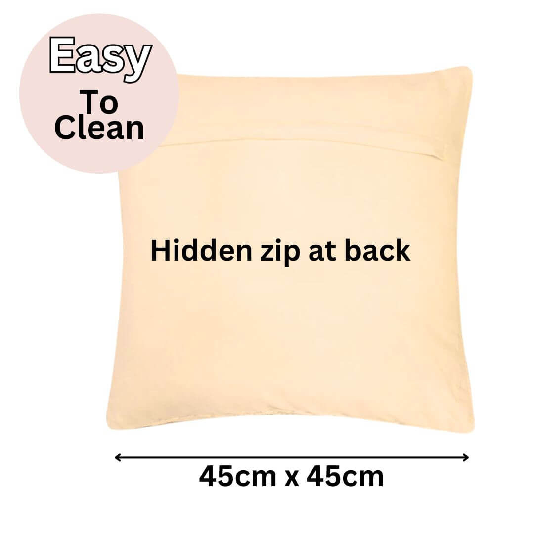 The custard yellow 45cm square Callista cushion with a crochet floral pattern in front and plain back with a hidden zip.
