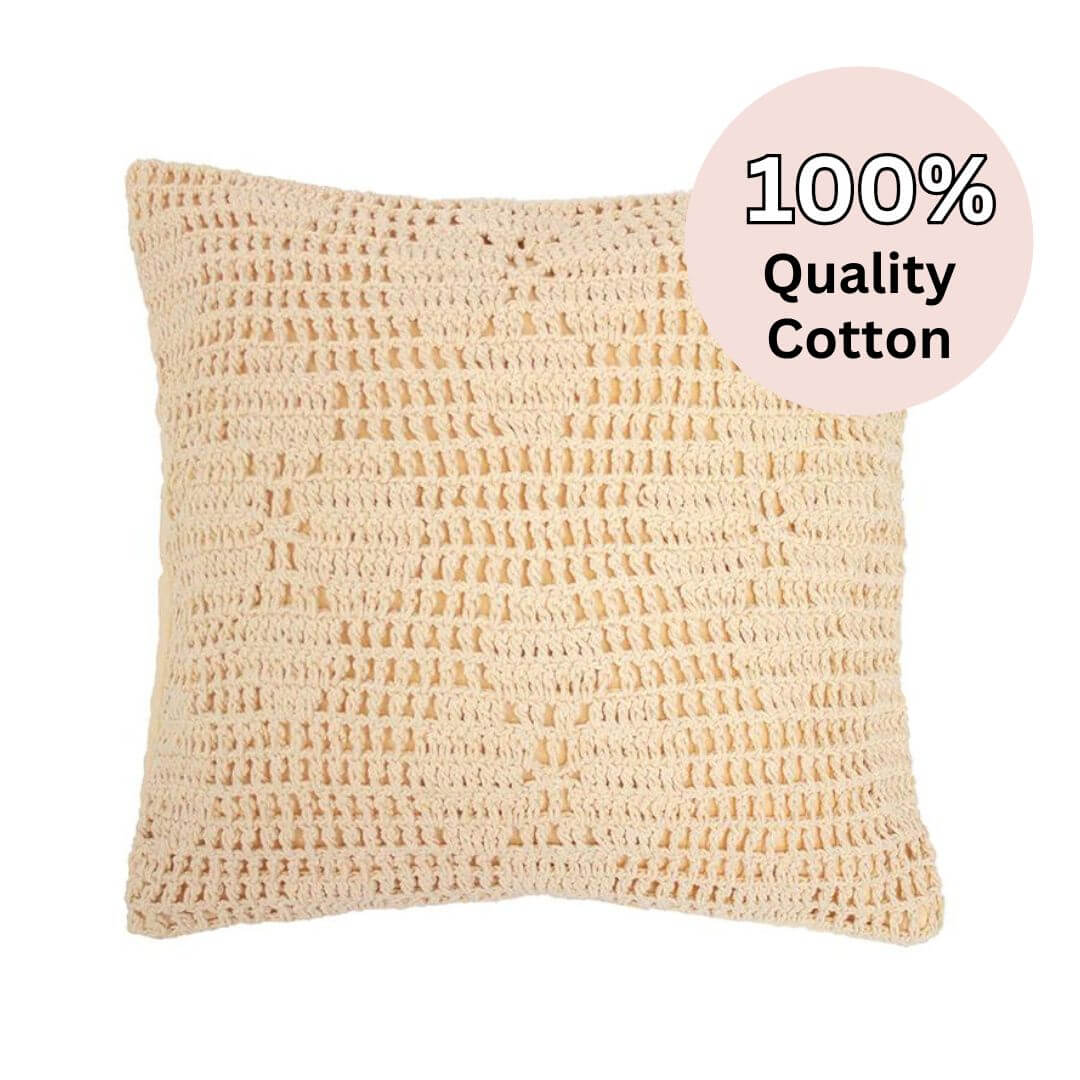 The 45cm custard yellow square Callista cotton cushion has a crochet floral pattern to add texture to your bed or sofa.
