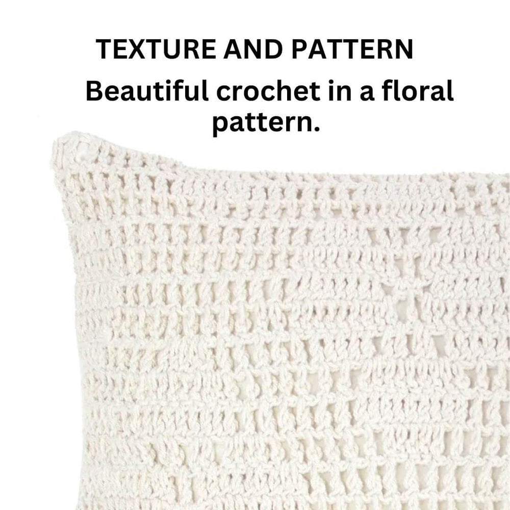 The 45cm square Callista cushion has a crochet floral pattern to add texture to your bed or sofa.