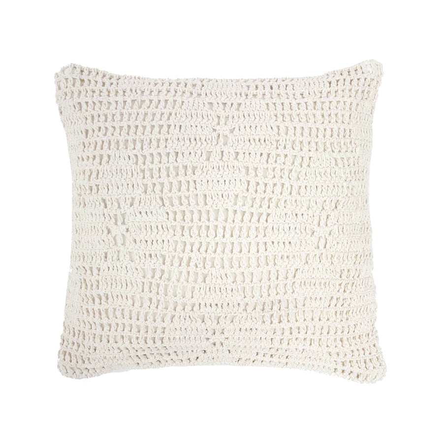 The Callista cushion measures 45cm and has a crochet floral design.