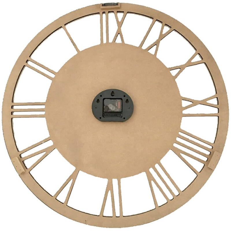 A big 60cm Carved Industro Hamptons Wall Clock with a white handcarved clock face and black metal roman numerals back view
