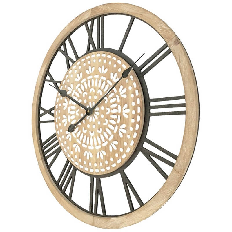 Large 60cm Carved Industro Hamptons Wall Clock with a handcarved clock face and black metal roman numerals-battery-operated