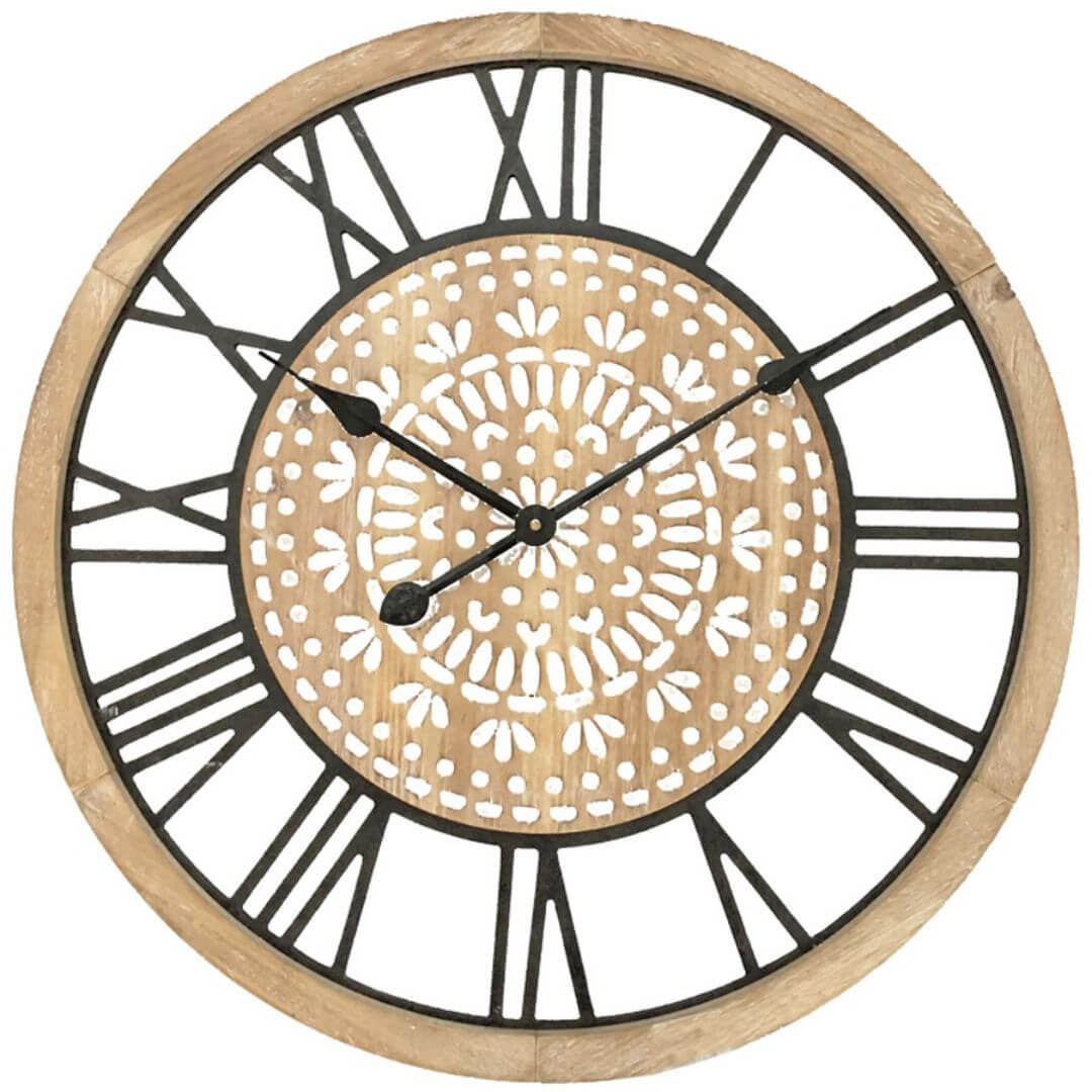 Large 60cm Carved Industro Hamptons Wall Clock with a handcarved clock face and black metal roman numerals