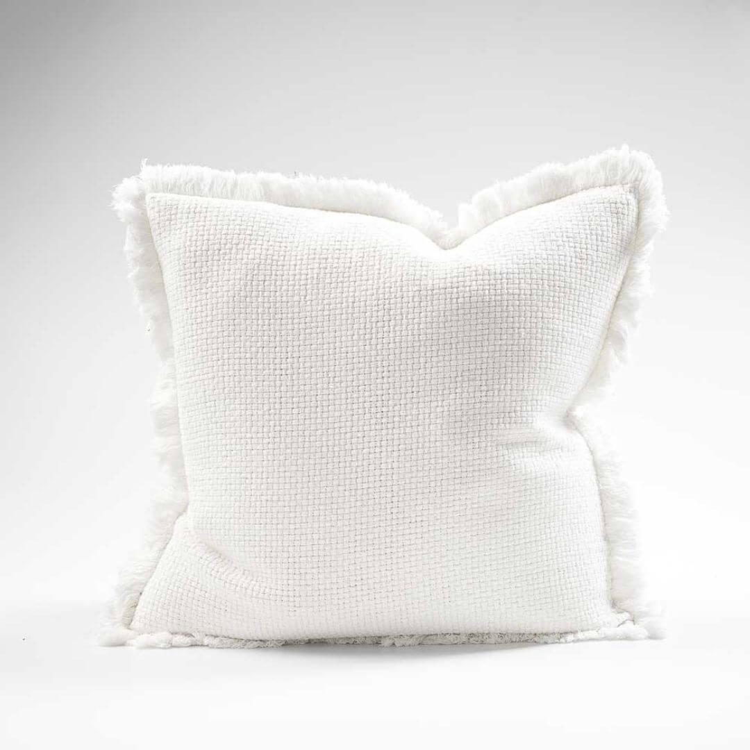 A gorgeous off white Square 50cm Chelsea Fringe Cotton Cushion