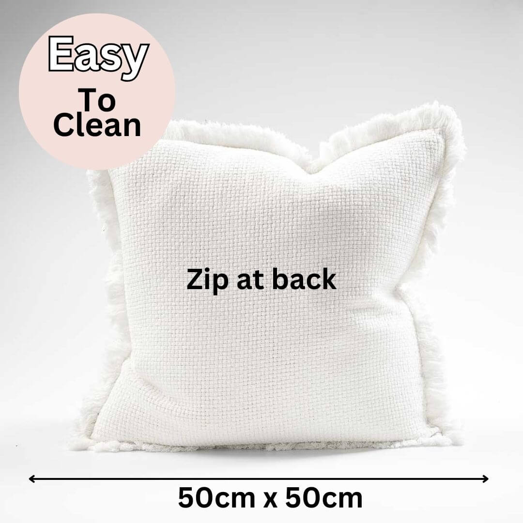 The Square 50cm Chelsea Fringe Cotton Cushion has a removable cover with a zip at the back.