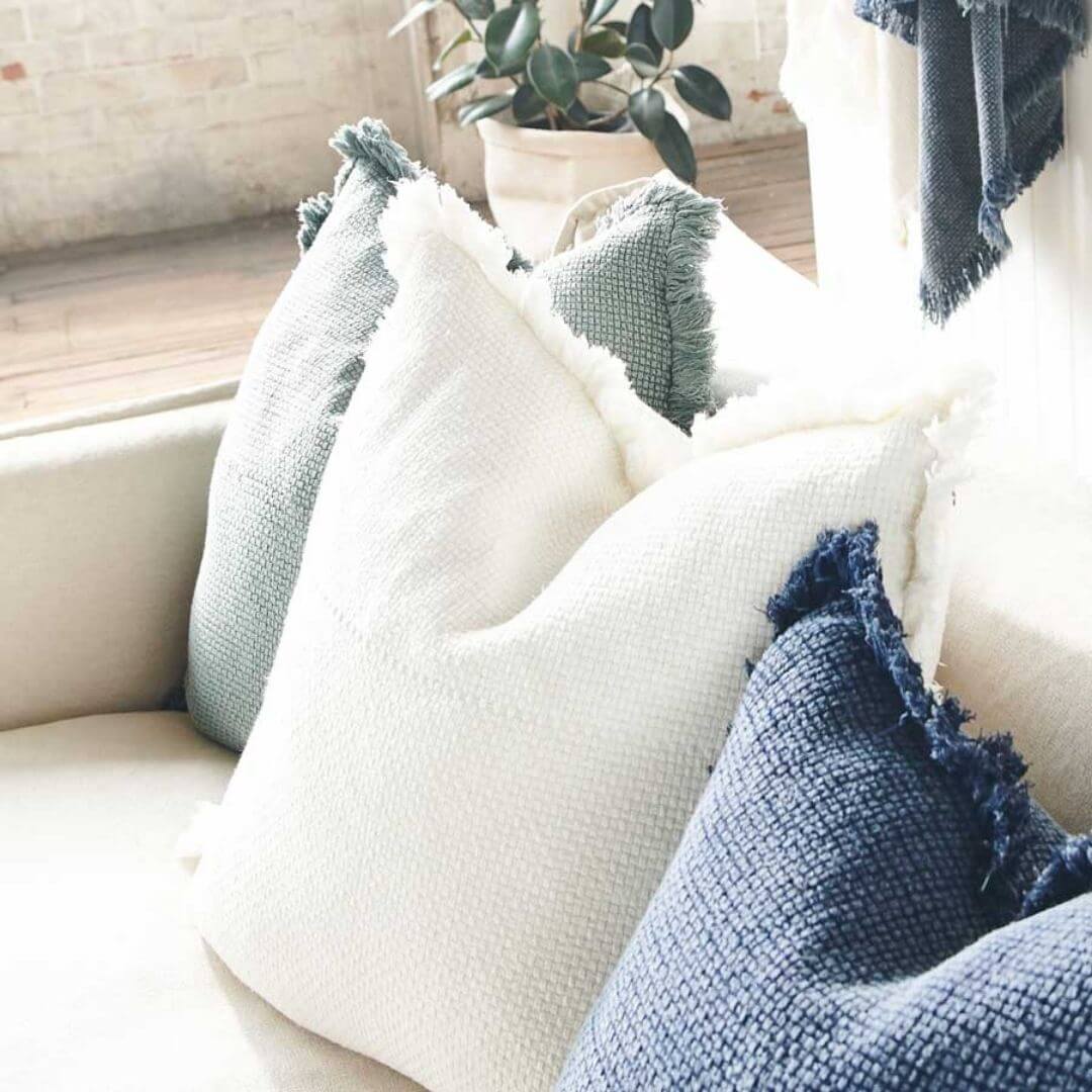 Add texture pattern and calm relaxing vibes to your home with the Square 50cm Chelsea Fringe Cotton Cushions