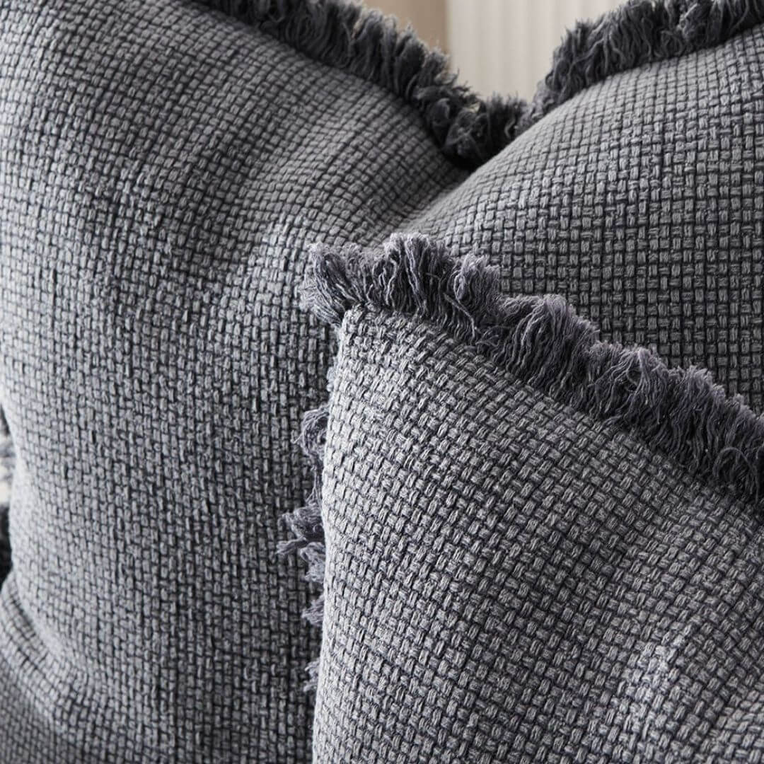 A set of 2 slate dark grey Square 60cm Chelsea Fringe Cotton Cushion for your Coastal Hamptons Australian home decor.