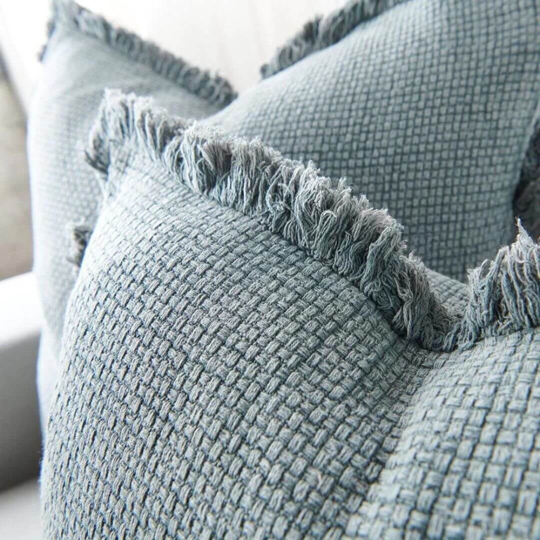 A set of 2 khaki green Square 50cm Chelsea Fringe Cotton Cushions with a Throw for your Coastal Hamptons Australian home decor.