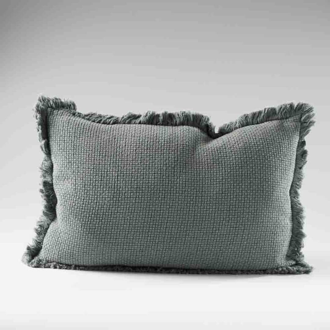 A khaki green Rectangle 40cm x 60cm Chelsea Fringe Cotton Cushion with a throw for your Coastal Hamptons Australian home decor.
