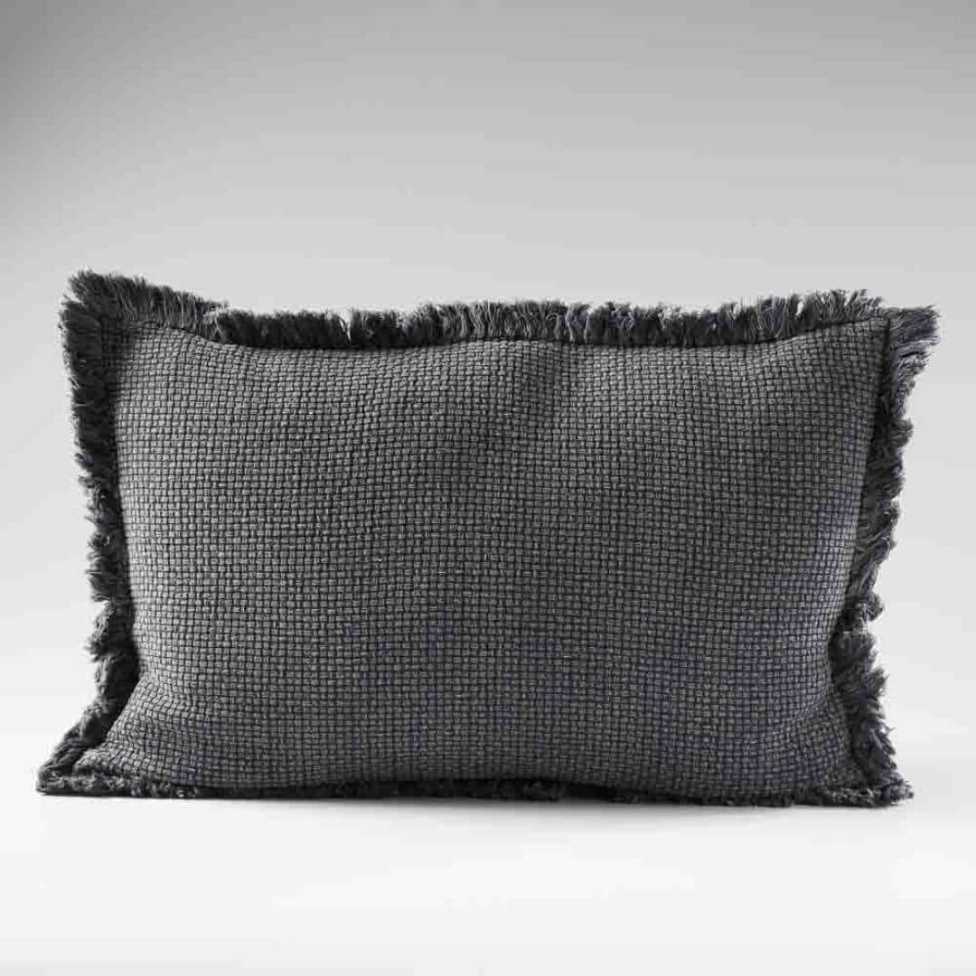 A slate dark grey Rectangle 40cm x 60cm Chelsea Fringe Cotton Cushion with a throw Set for your Coastal Hamptons Australian home decor.