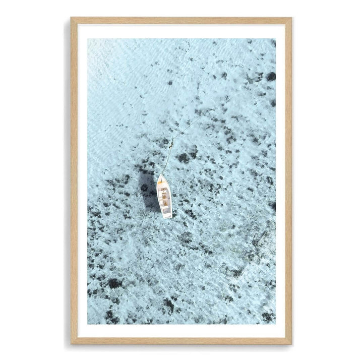 White boat Blue sea wall art print of Amalfi Coast ocean, timber frame & white border,  Beautiful Home Decor