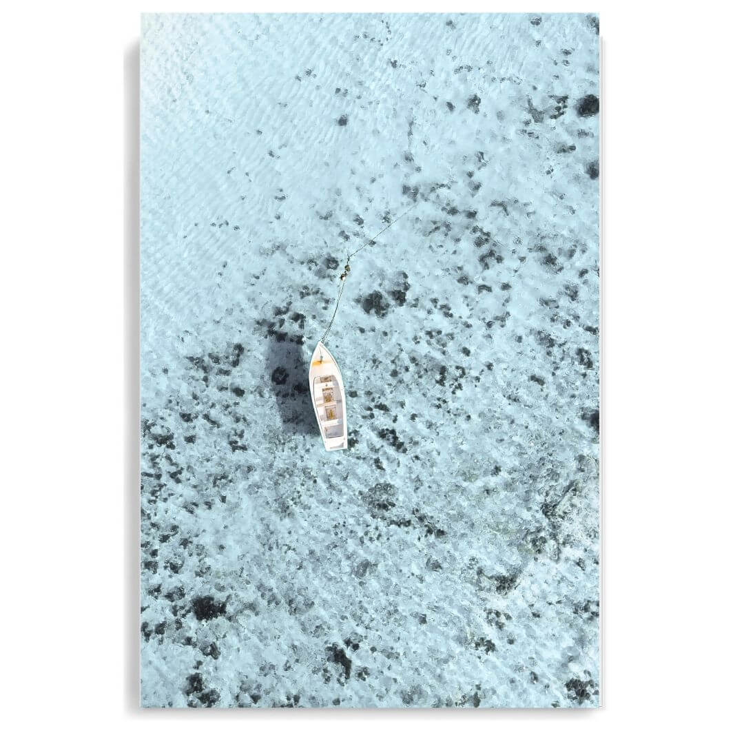 A coastal wall art photo print of a white boat on a clear blue ocean off the Amalfi Coast Italy unframed, printed edge to edge without a white border
