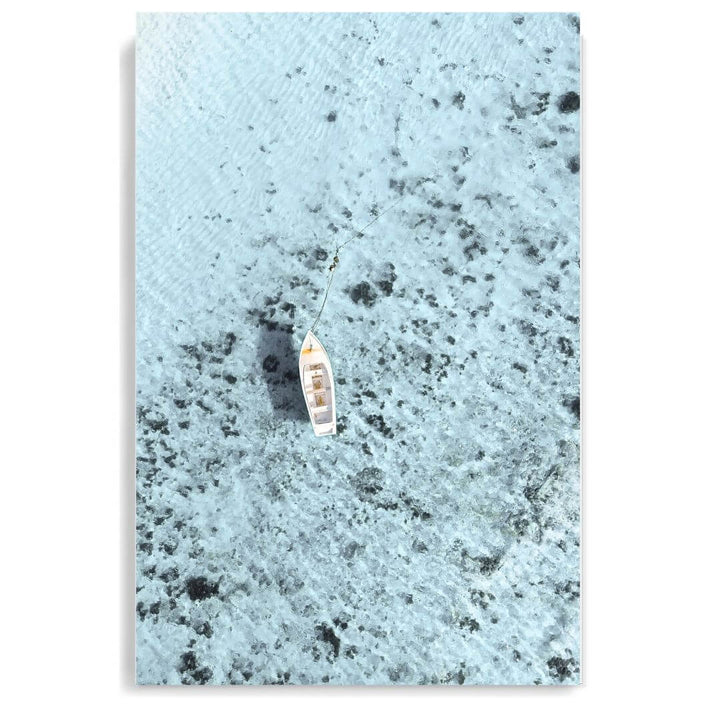 A coastal wall art photo print of a white boat on a clear blue ocean off the Amalfi Coast Italy unframed, printed edge to edge without a white border