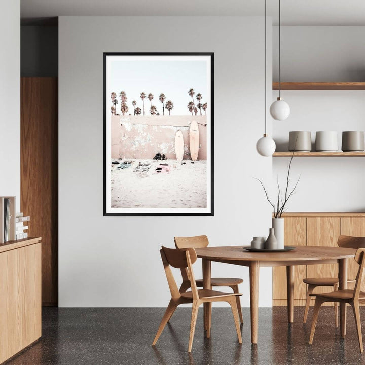 A Coastal Surf Beach Wall Art Print with surfboards with a black frame or unframed to decorate a wall in your dining room
