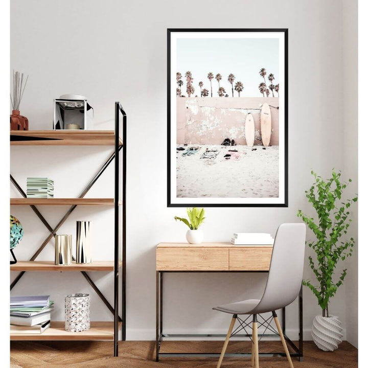 A Coastal Surf Beach Wall Art Print with surfboards with a black frame or unframed for your office study wall