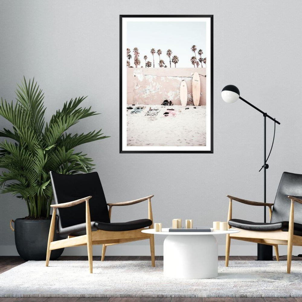 A Coastal Surf Beach Wall Art Print with surfboards with a black frame or unframed for your empty living room walls
