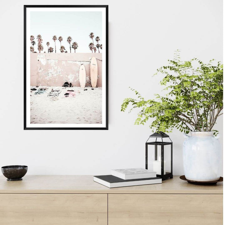 A Coastal Surf Beach Wall Art Print with surfboards with a black frame or unframed to style shelves and empty walls