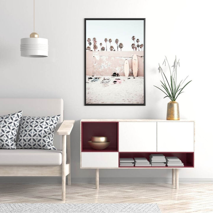 A Coastal Surf Beach Wall Art Print with surfboards with a frame in black to style a wall in your living room