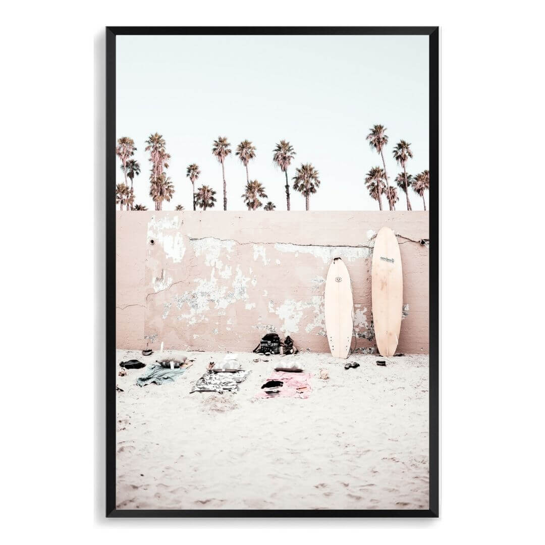 A Coastal Surf Beach Wall Art Print with surfboards with a black frame, no white border at Beautiful Home Decor