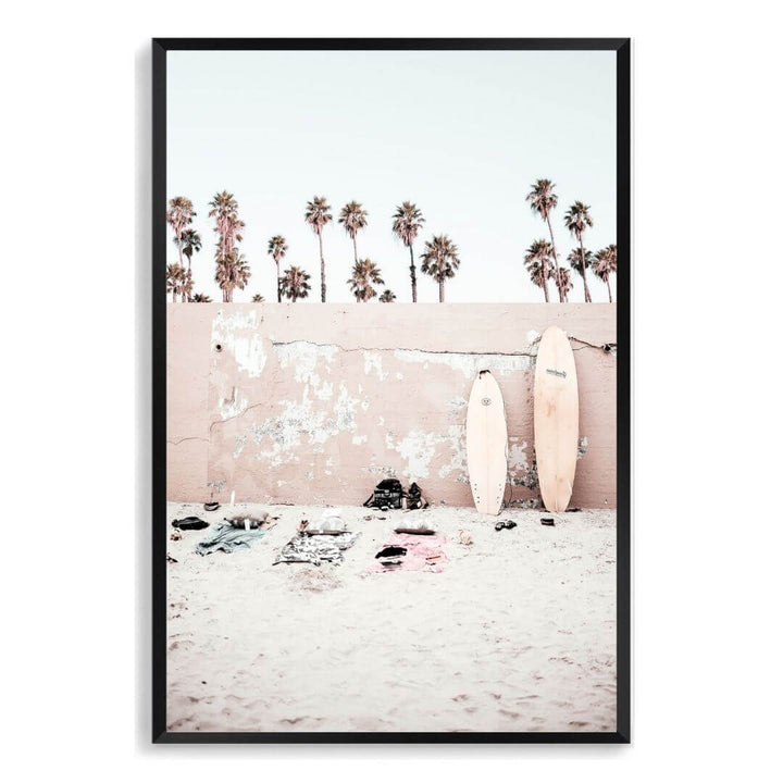 A Coastal Surf Beach Wall Art Print with surfboards with a black frame, no white border at Beautiful Home Decor