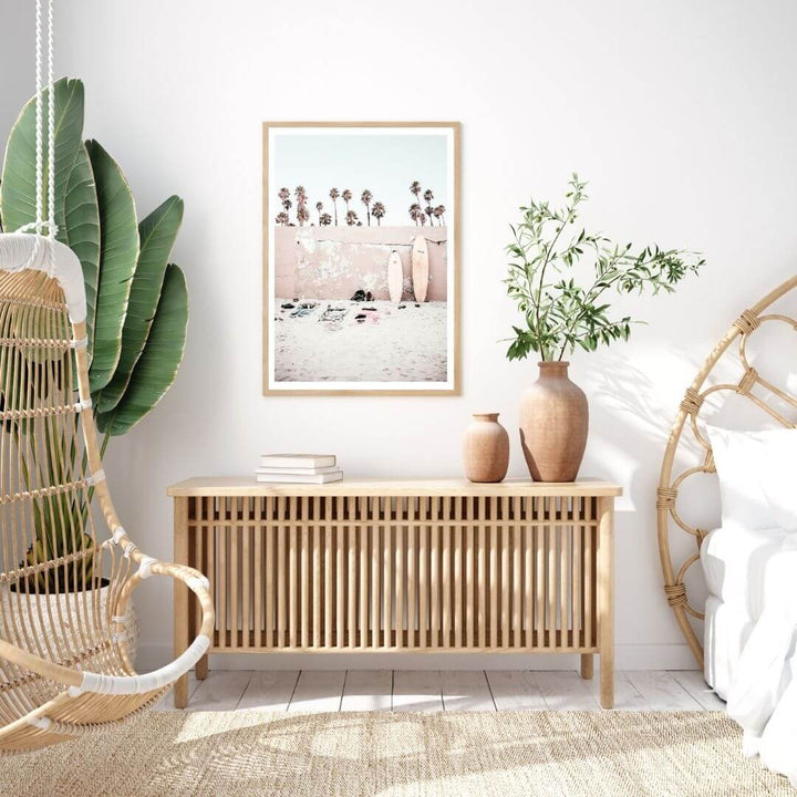 A Coastal Surf Beach Wall Art Print with surfboards with a timber frame or unframed to style your bedroom walls