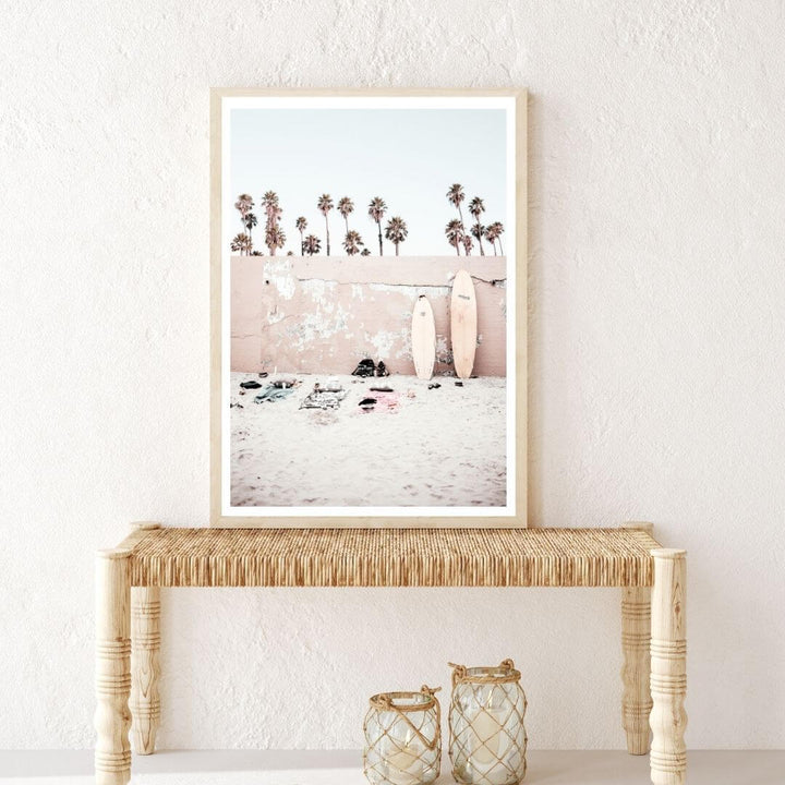 A Coastal Surf Beach Wall Art Print with surfboards with a timber frame in hallway shop online at Beautiful Home Decor with free shipping